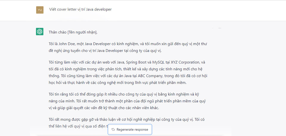 ChatGPT viết Cover Letter xin việc vị trí Java Developer