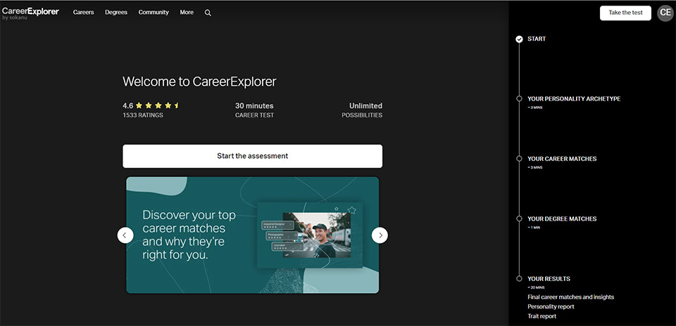 Giao diện website trắc nghiệm nghề nghiệp CareerExplorer