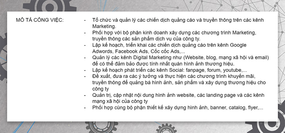 Ví dụ mô tả công việc cho tuyển dụng Nhân viên Marketing